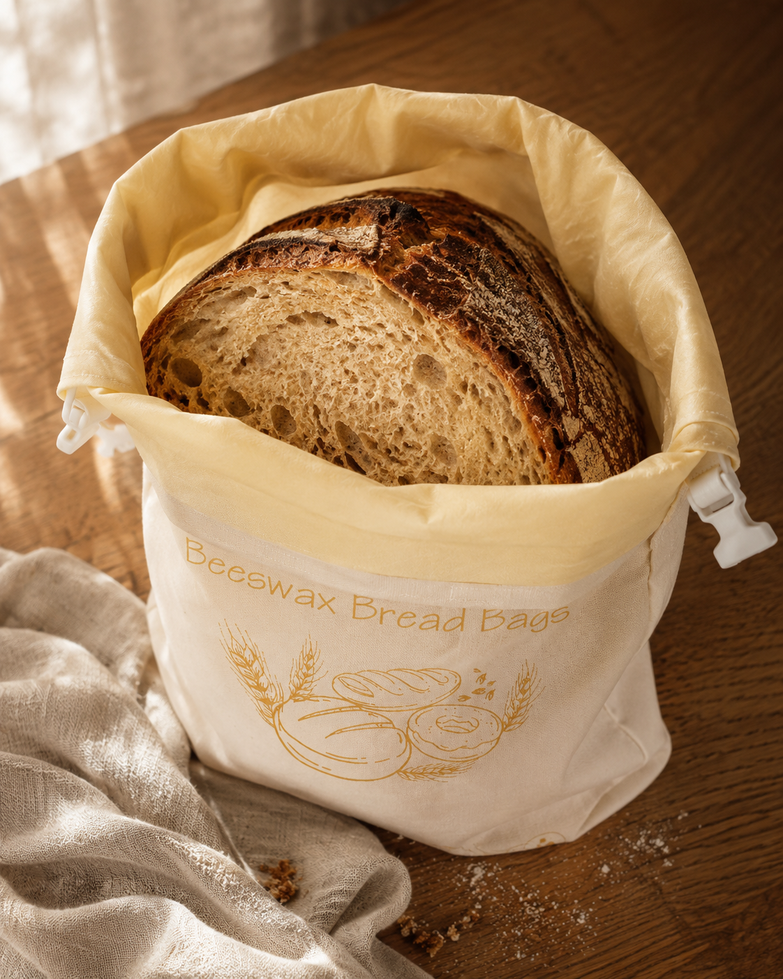 Artisanales Brot im Bienenwachs-Brotbeutel aus Bio-Baumwolle